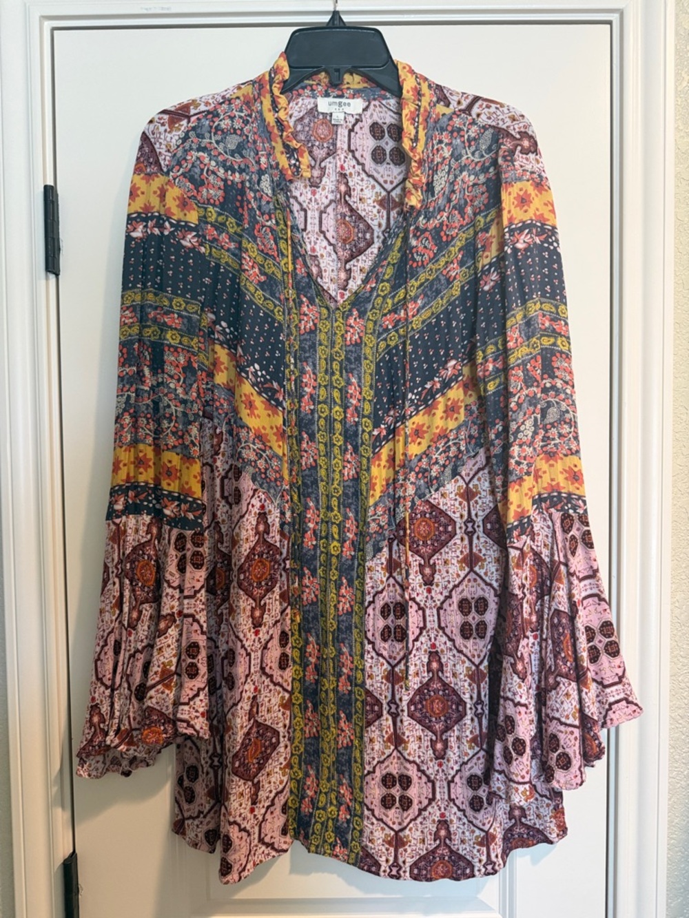 Umgee Multicolor Boho Printed Long Sleeve Tunic - Navy, Yellow, Pink